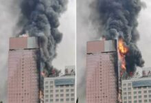 Edificio de telefonía en China se incendia completamente en poco tiempo