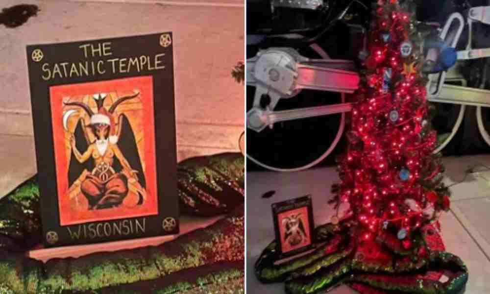 Satánicos colocan árbol de Navidad con frase: “Ave Satanás”